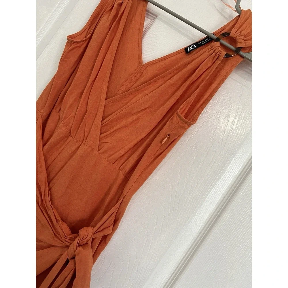 ZARA Orange Wrap Romper Ring Strap V Neck Tie Side Summer Vacation Resort Size S